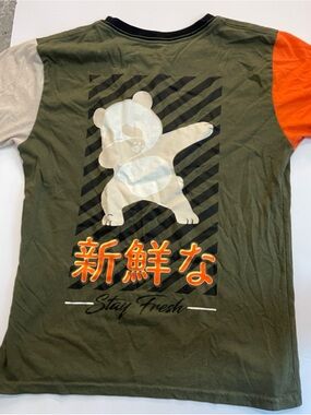 Kids Short Sleeve 'Stay Fresh' Panda Tee - Olive & Orange